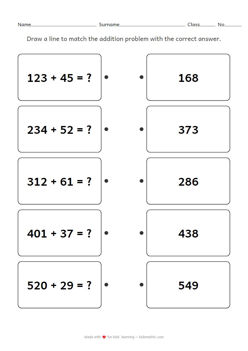 Matching Worksheet: 3-Digit and 2-Digit Addition for Kindergarten