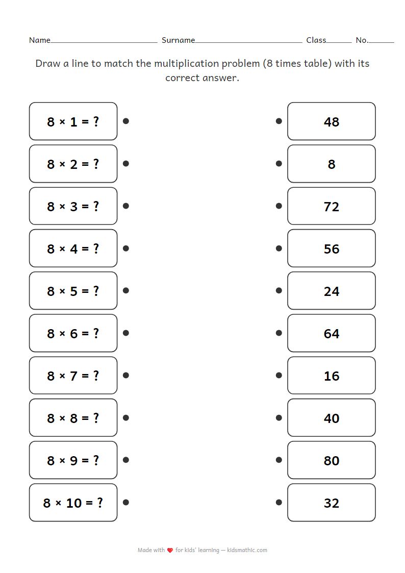 8 Times Table Matching Worksheet for Preschoolers