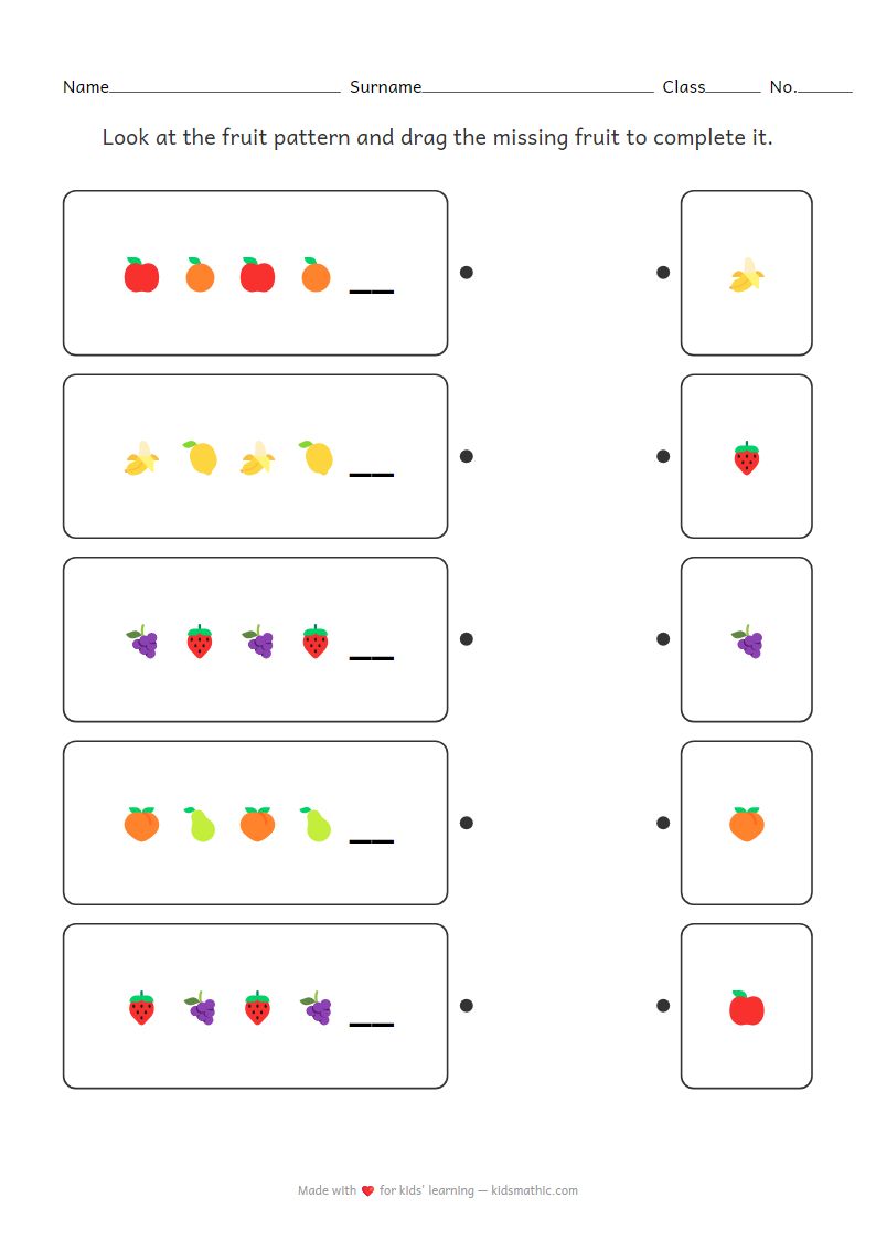 Preschool AB Fruit Pattern Matching Worksheet for Observation Skills