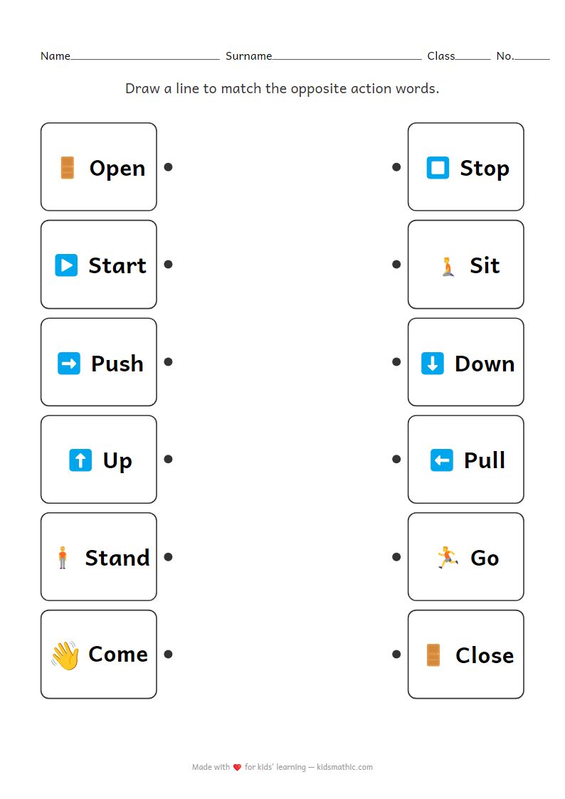 Kindergarten Action Verb Opposites Matching Worksheet