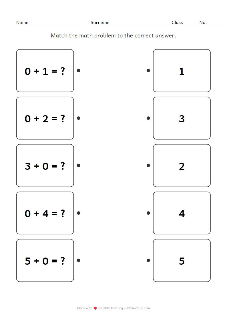 Kindergarten Adding Zero Matching Worksheet