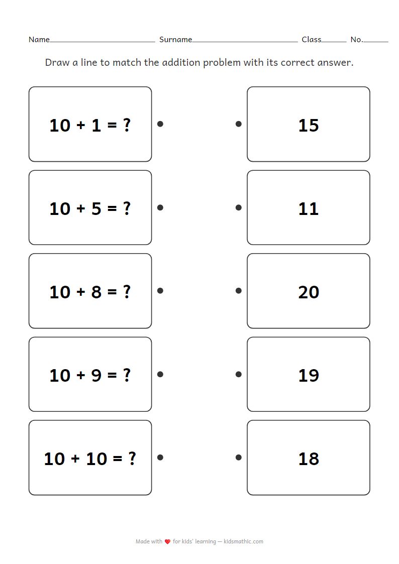Kindergarten Math Worksheet: Match Add 10 Problems