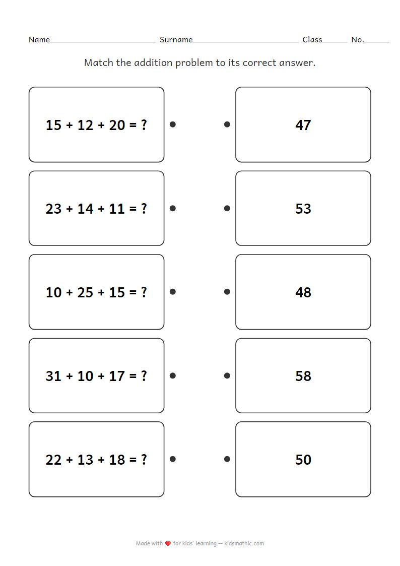 Addition Worksheet: Match 3 Two-Digit Numbers with Answers for Grade 2