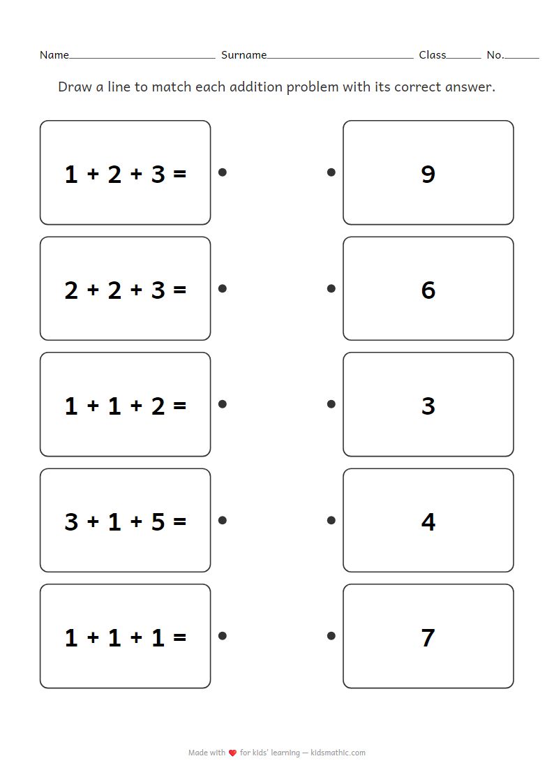 Matching Addition Problems (3 Numbers) Worksheet for Preschoolers