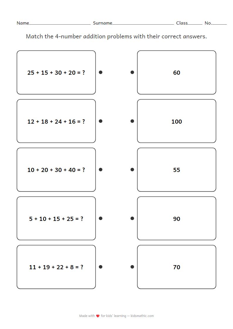 Matching Worksheet: 4-Number Addition Problems with Answers for Preschoolers