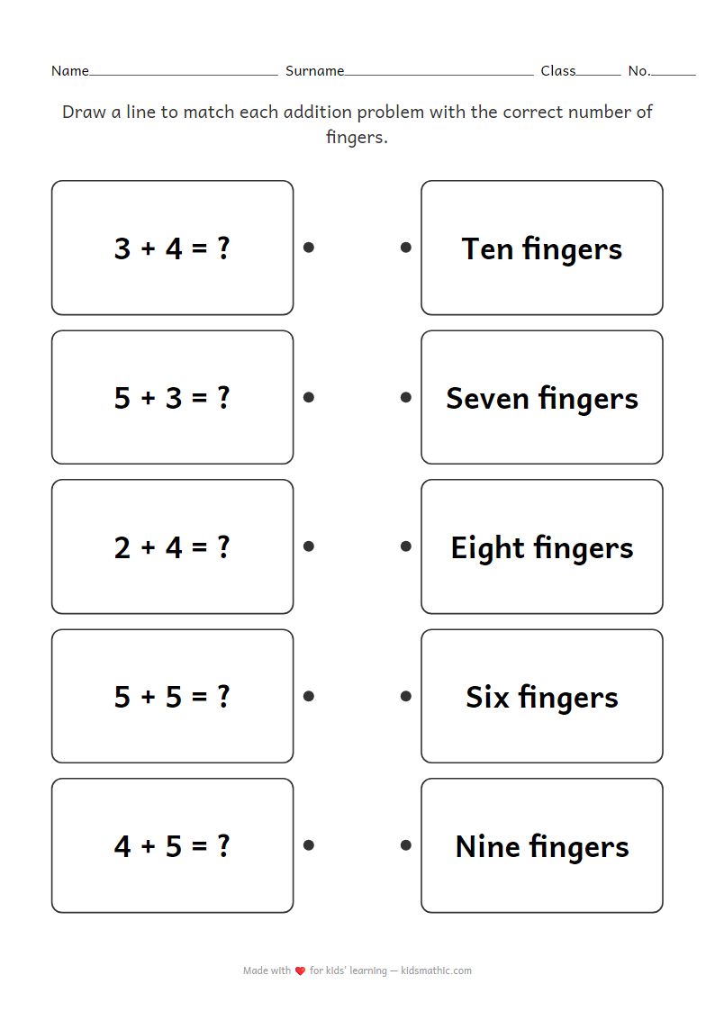 Addition Problems to Finger Count Matching Worksheet for Preschoolers