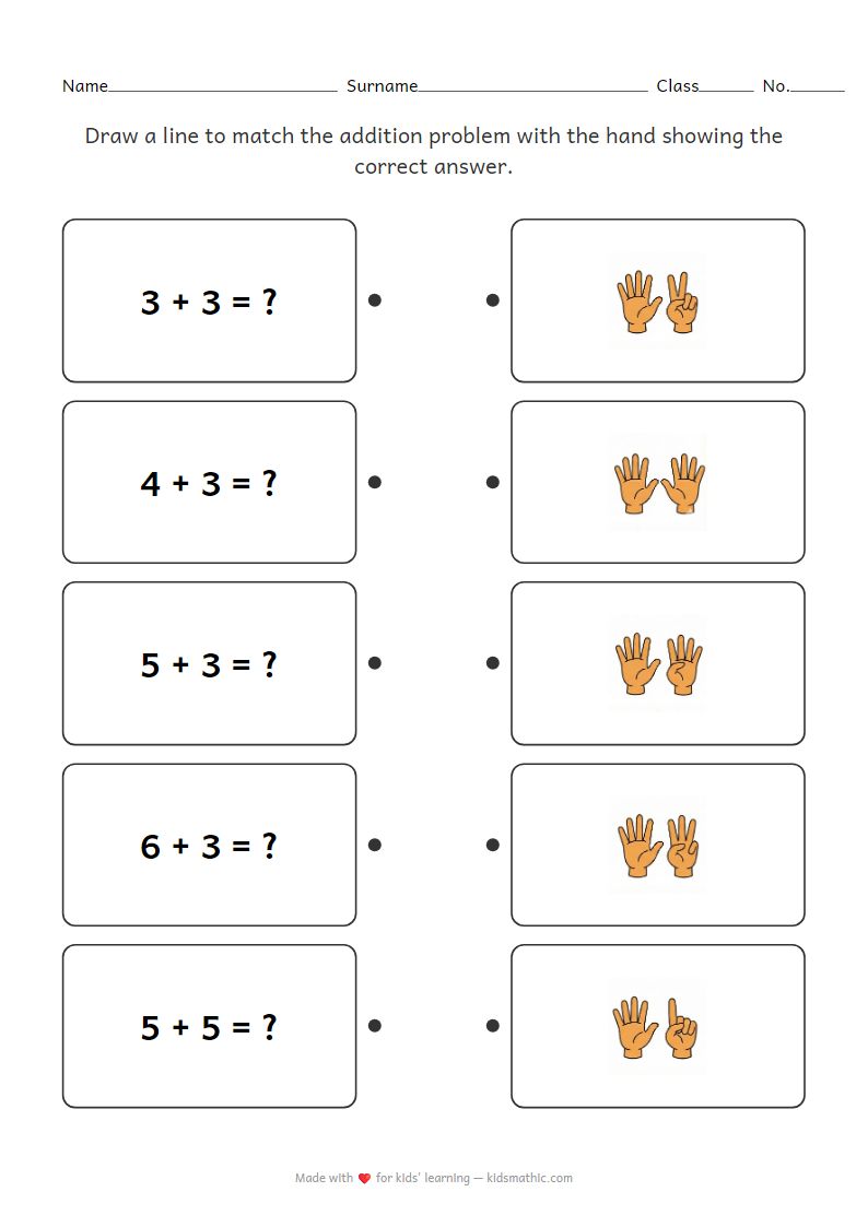 Kindergarten Worksheet: Match Addition Problems to Finger Counts