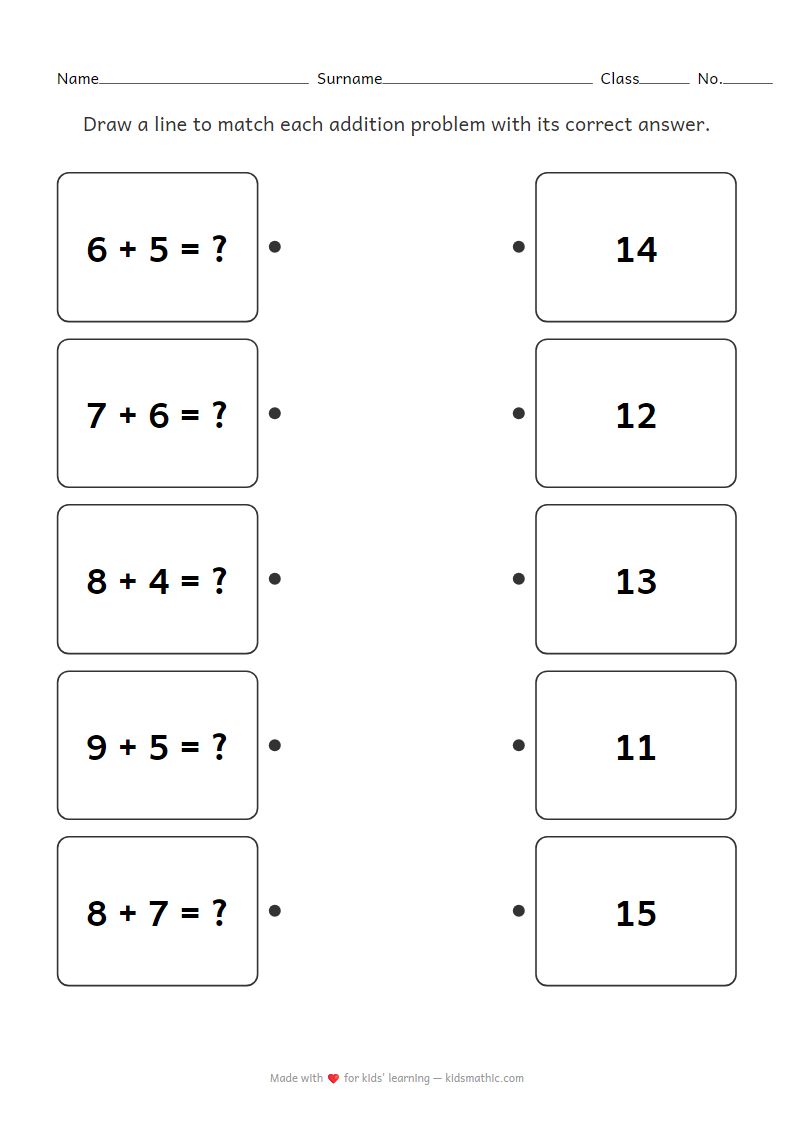 Addition Worksheet: Match Sums 11-15 for Kindergarten