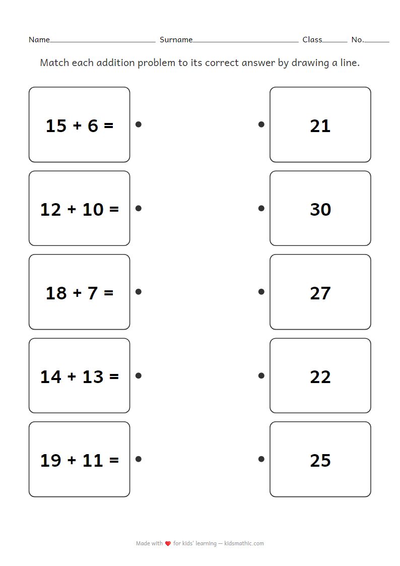 Addition Matching Worksheet for Grade 1: Sums 21-30