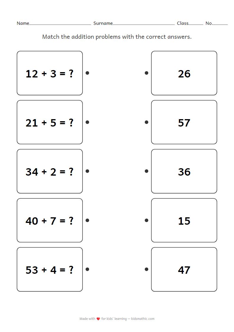 Addition Matching Worksheet: 2-Digit and 1-Digit for Grade 1