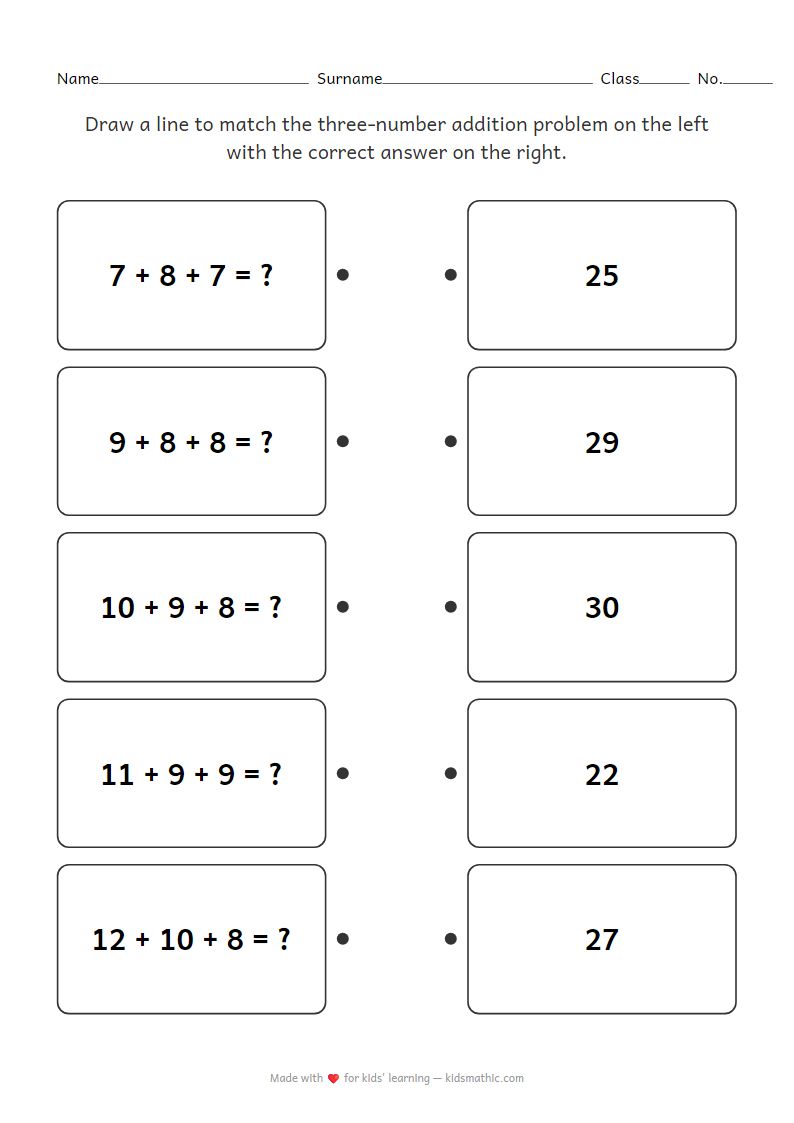 Addition Matching Worksheet: 3-Number Problems for Grade 1 Kids