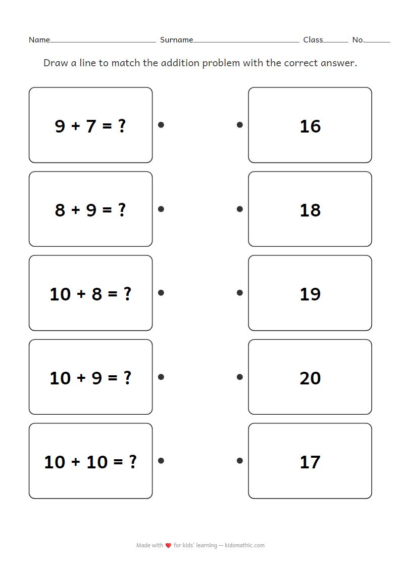 Addition Matching Worksheet for Kindergarten 3 (Sums 16-20)