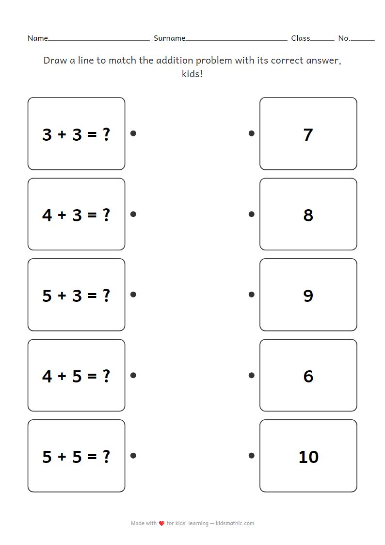 Addition Matching Worksheet for Kindergarten: Sums 6-10