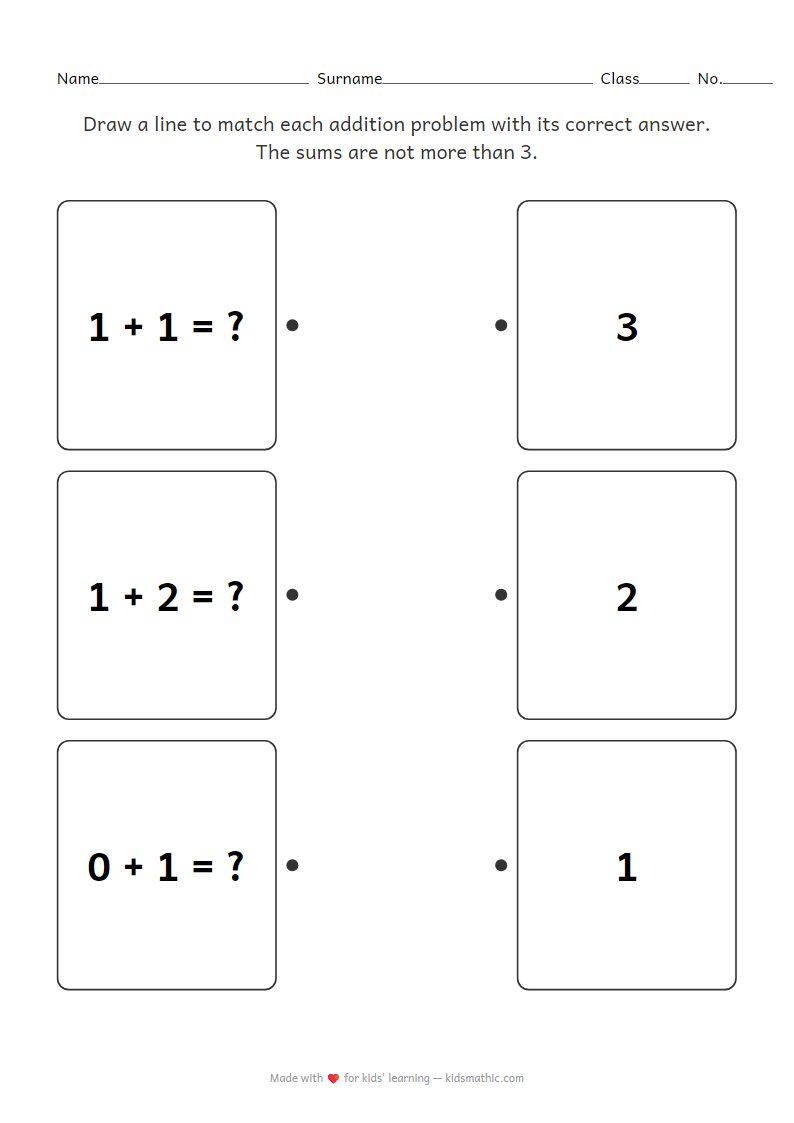 Kindergarten Addition Matching Worksheet (Sums up to 3)