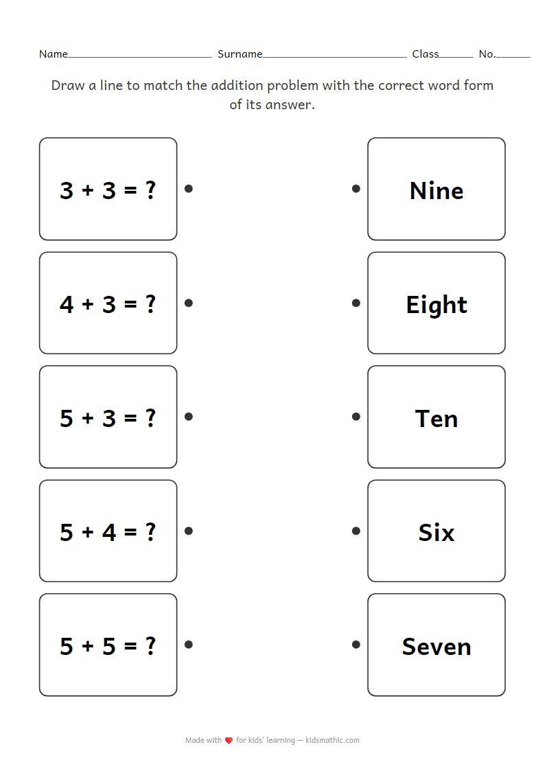 Addition Problem to Word Matching Worksheet for Kindergarten