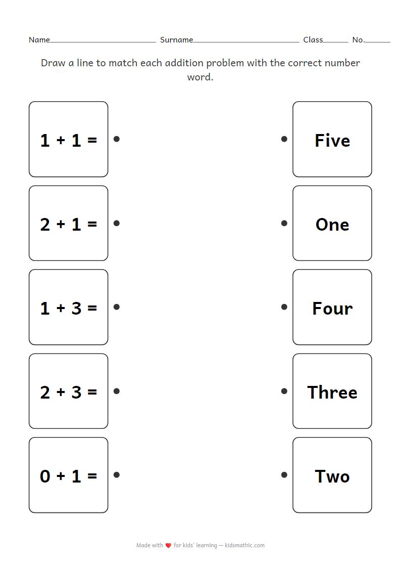 Addition Problems to Number Words Matching Worksheet for Preschoolers