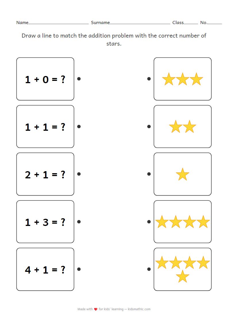 Kindergarten Addition Stars Matching Worksheet