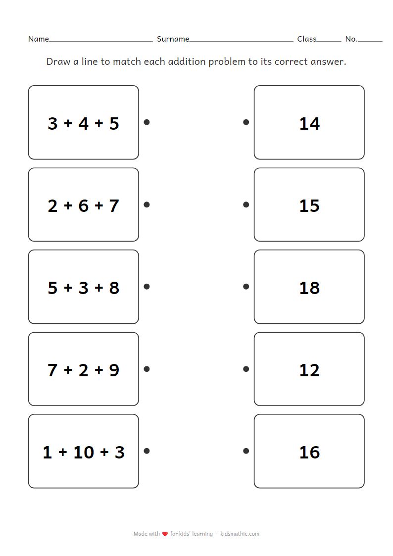 Matching Worksheet: Three-Number Addition for Kindergarten