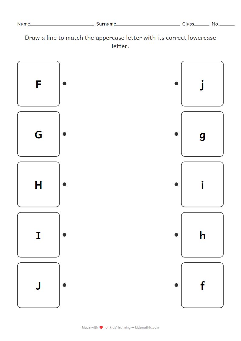Uppercase Lowercase Letter Matching F-J Worksheet for Kindergarten