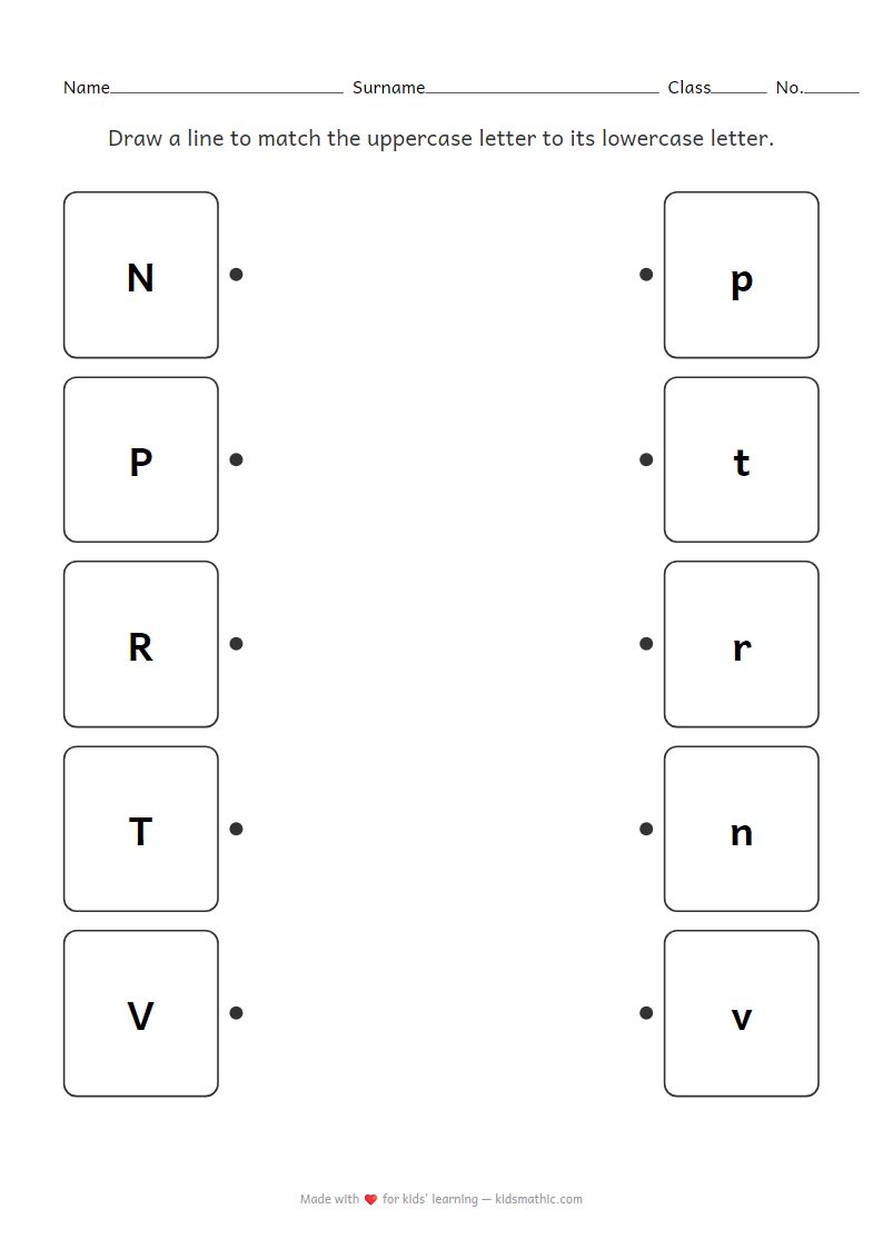 Uppercase and Lowercase Letter Matching Worksheet N-V for Preschoolers