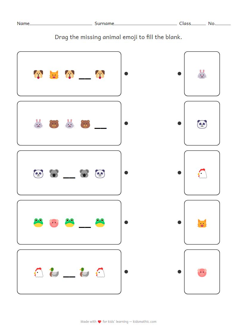 AB Pattern Animal Emoji Matching Worksheet for Preschoolers