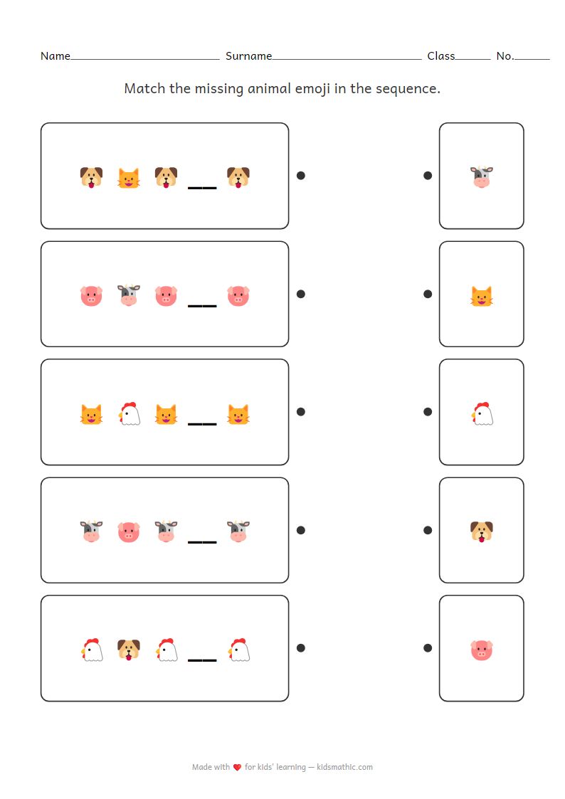 Animal Emoji AB Pattern Matching Worksheet for Preschoolers