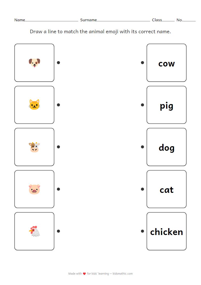 Preschool Animal Emoji to Name Matching Worksheet