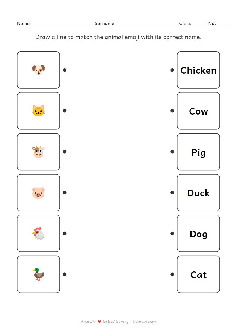 Animal Emoji to Name Matching Worksheet for Kindergarten
