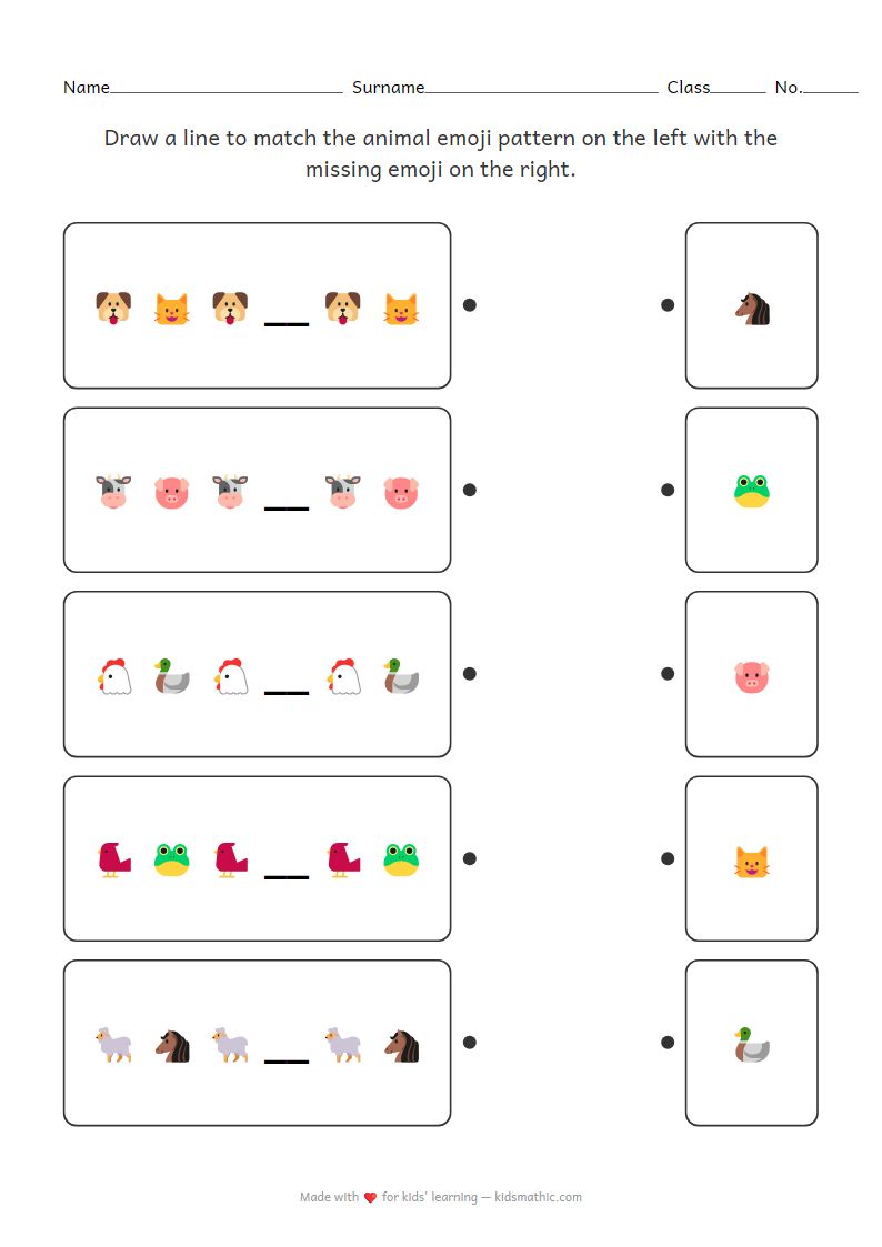Animal Emoji Pattern Matching Worksheet for Preschoolers