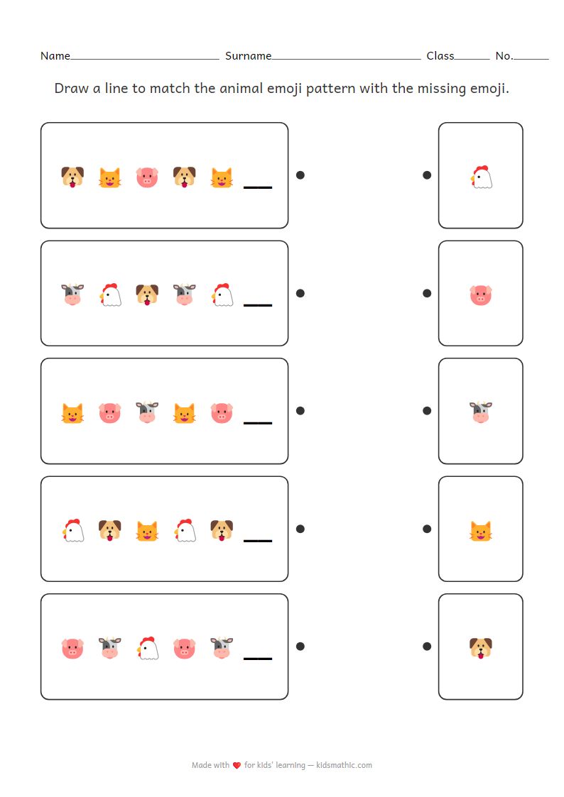 Animal Emoji Pattern Matching Worksheet for Preschoolers