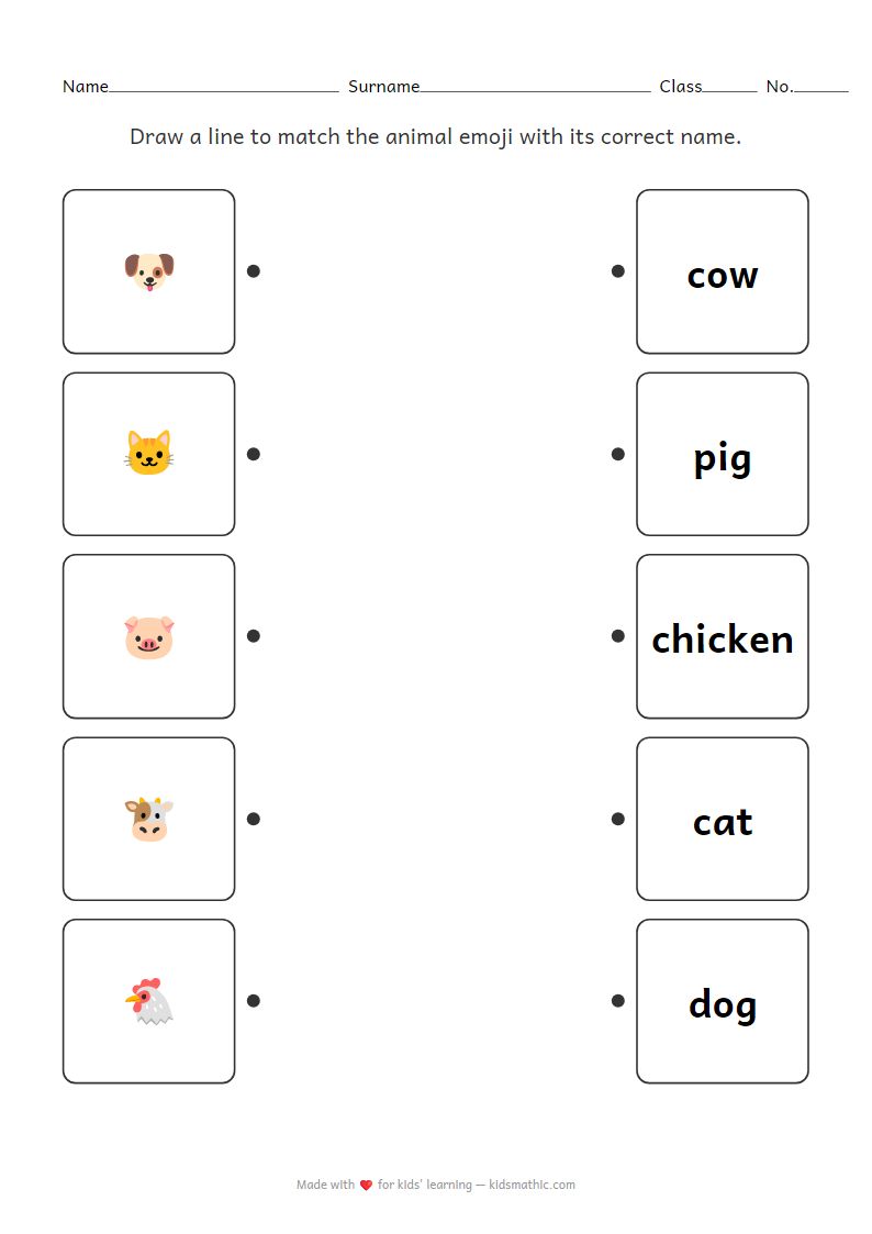 Kindergarten Animal Emoji to Name Matching Worksheet