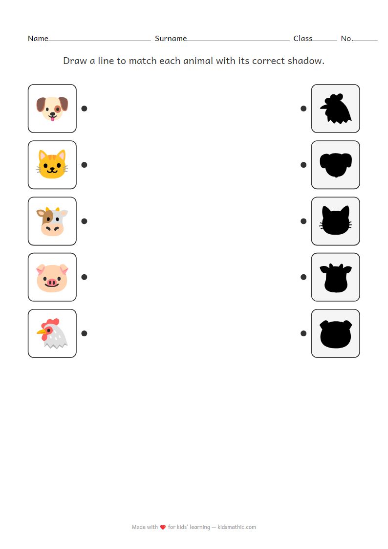 Animal Shadow Matching Worksheet for Preschoolers: Observation Skills
