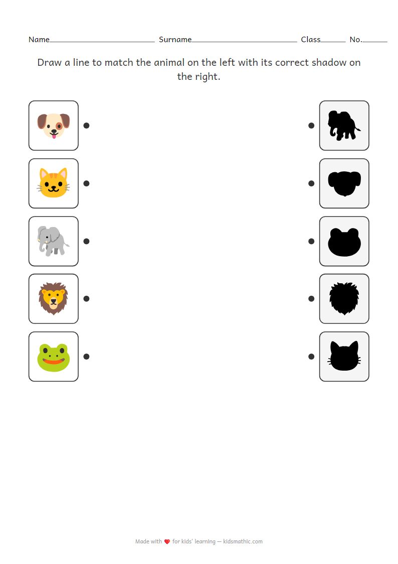 Animal Shadow Matching Worksheet for Kids