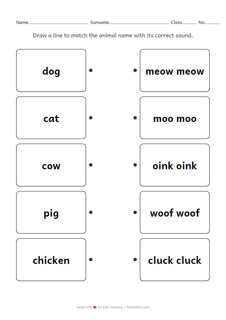 Animal Sound Matching Worksheet for Kindergarten