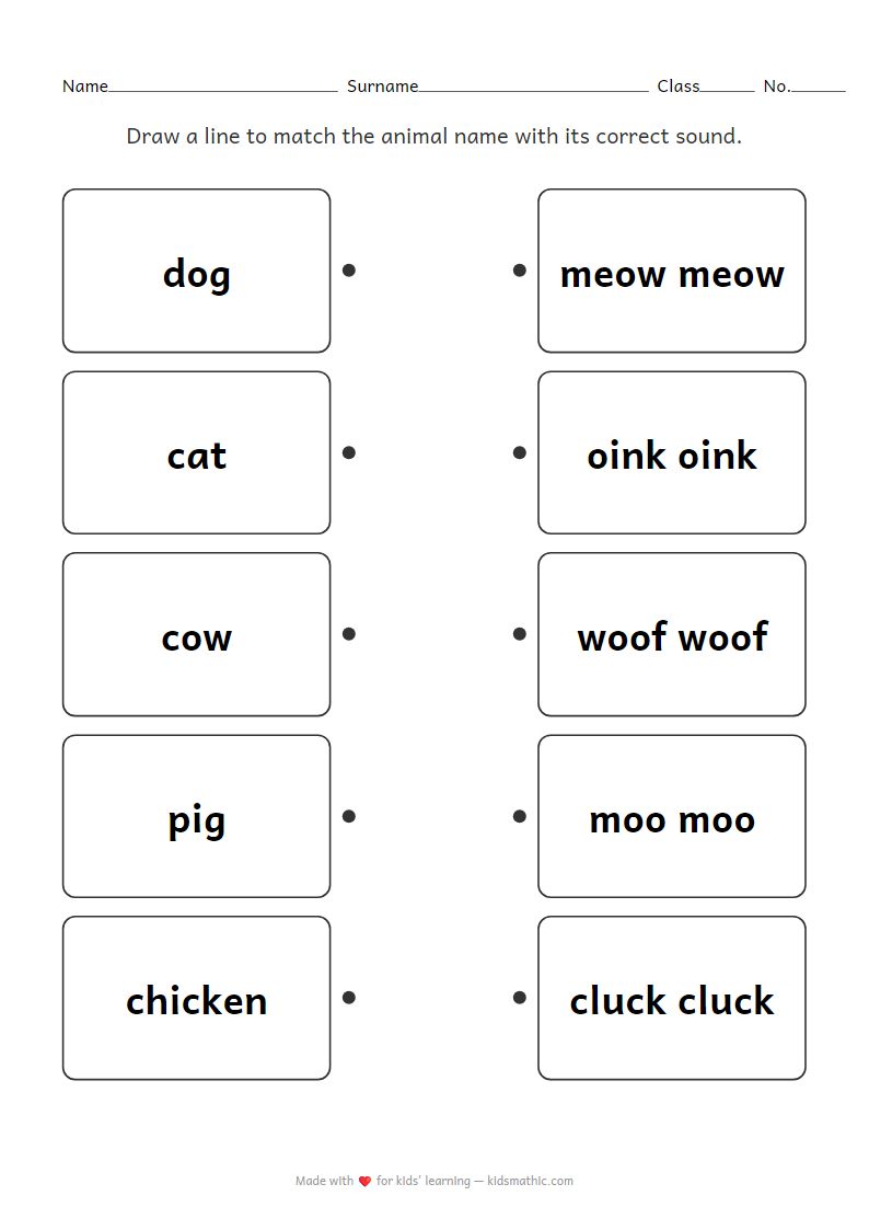 Animal and Sound Matching Worksheet for Preschoolers
