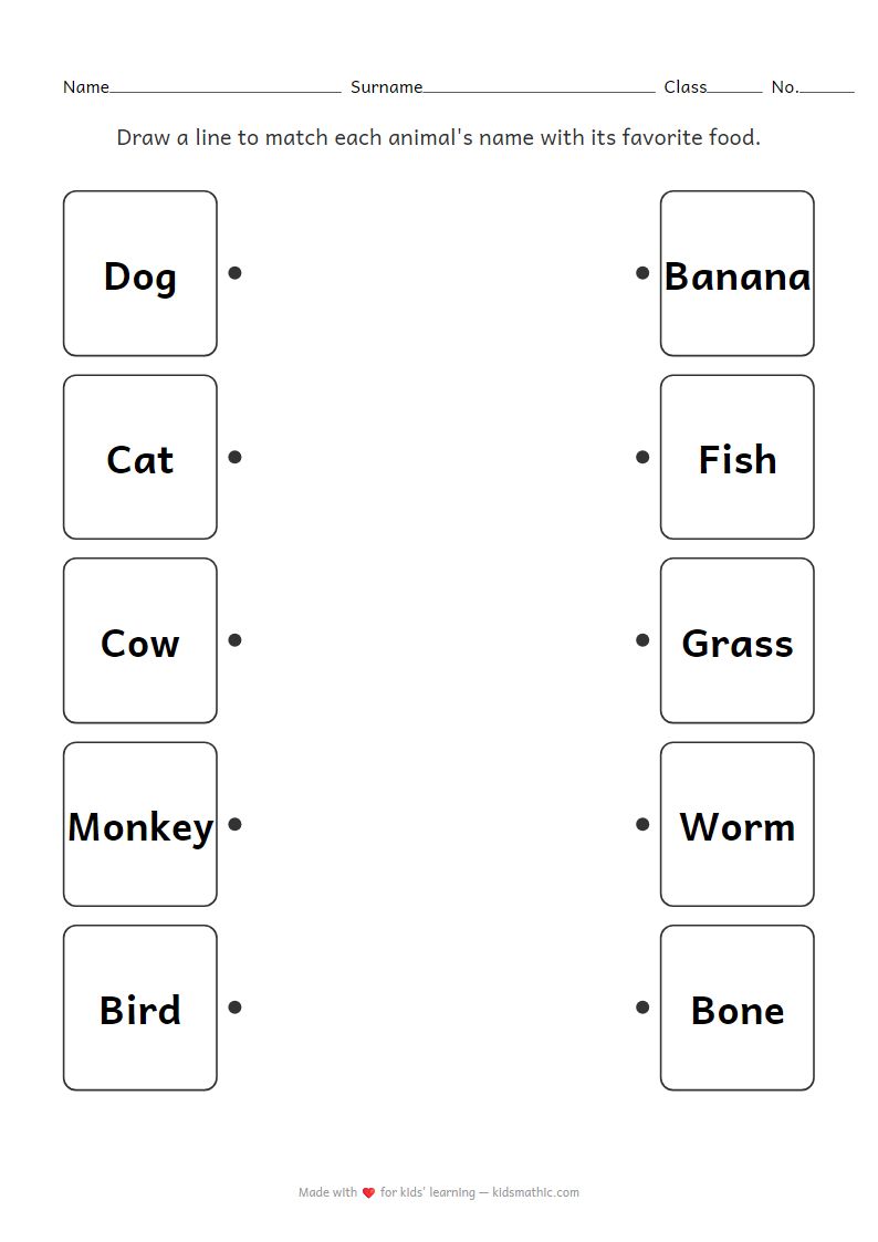 Animal and Food Matching Worksheet for Preschoolers - Learning Animals and Their Diet