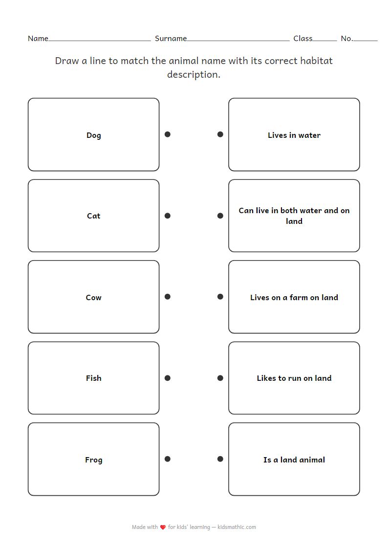 Animal Habitat Matching Worksheet for Kindergarten