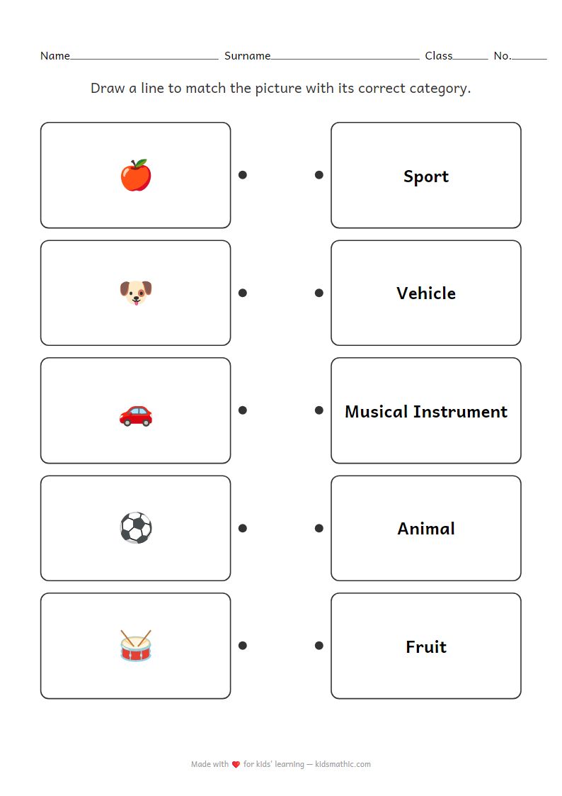 Category Matching Worksheet for Kindergarten