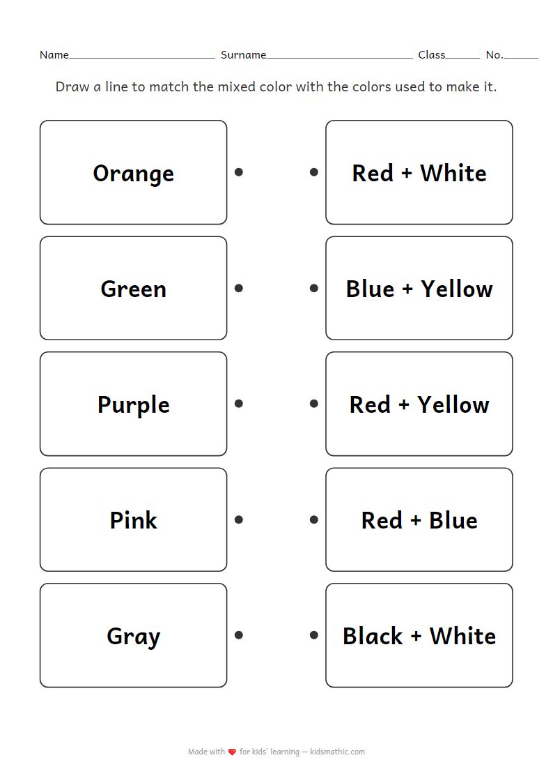 Color Mixing Matching Worksheet for Preschoolers