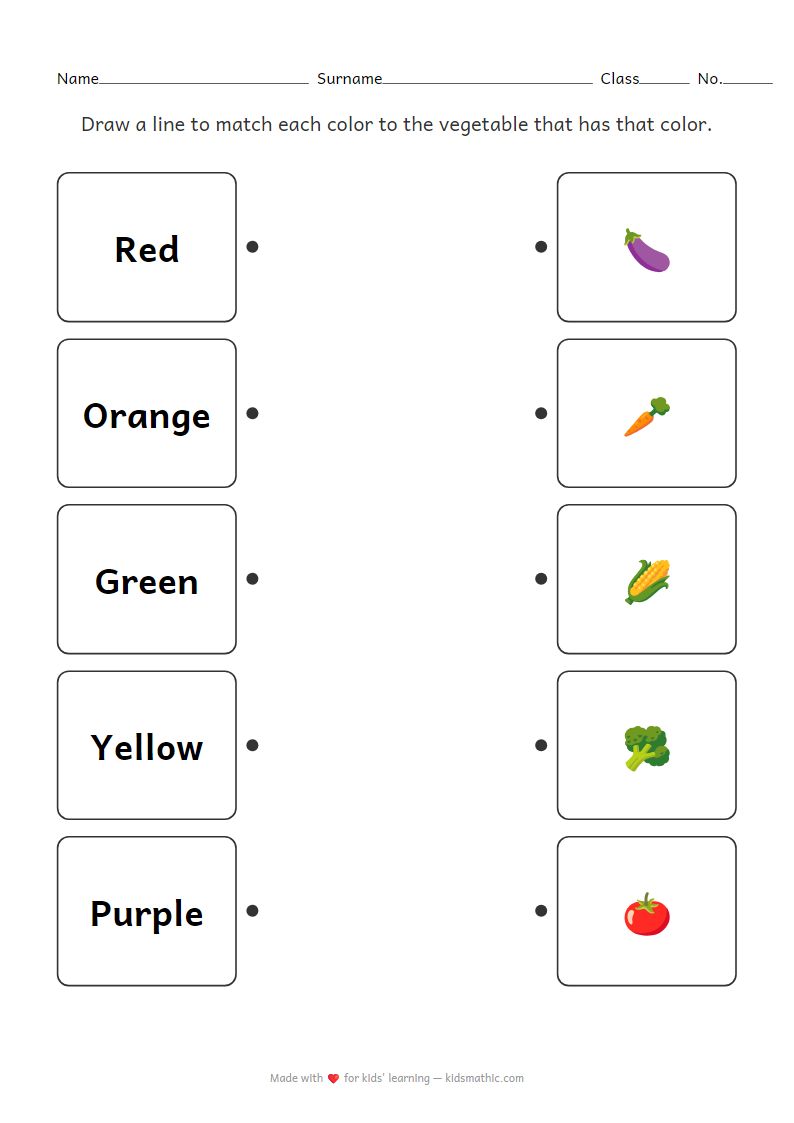 Kindergarten Matching Colors to Vegetables Worksheet