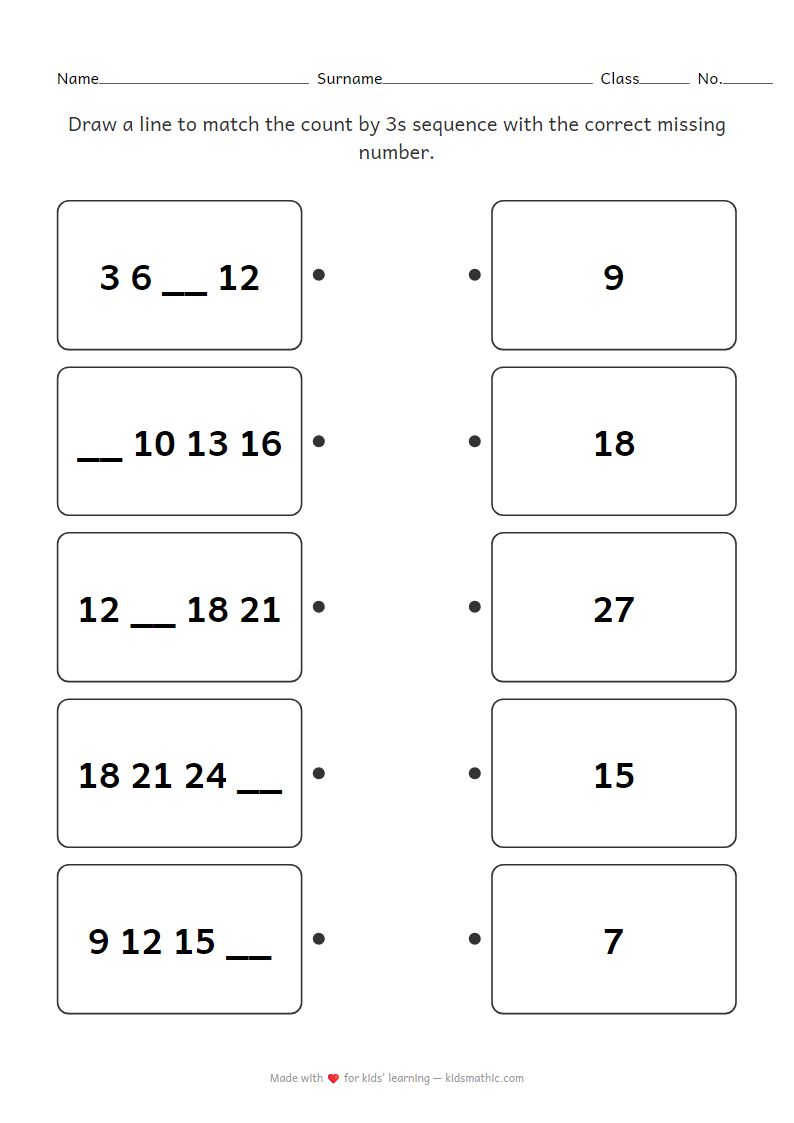 Count by 3s Missing Number Pattern Matching Worksheet for Kindergarten