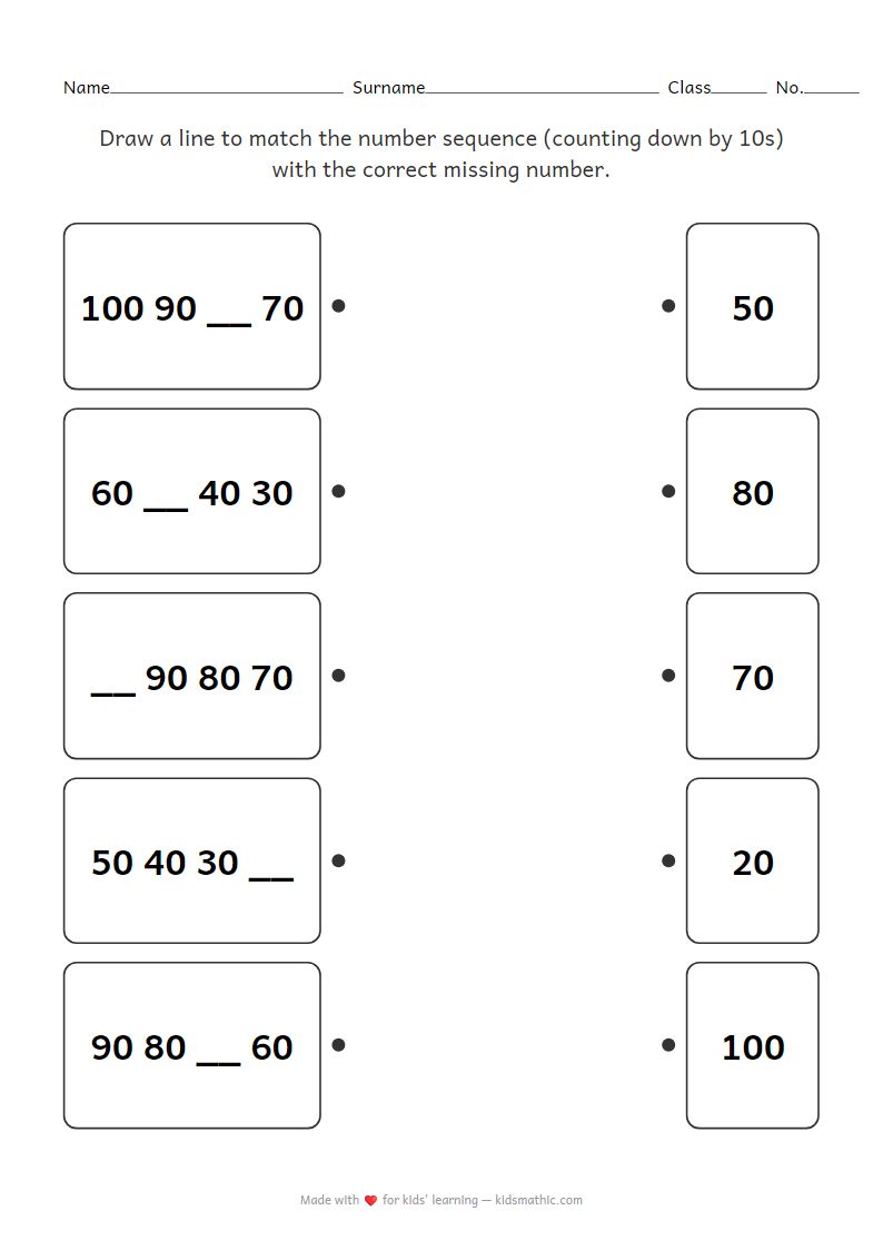 Count Down by 10s Matching Worksheet for Grade 1 Kids