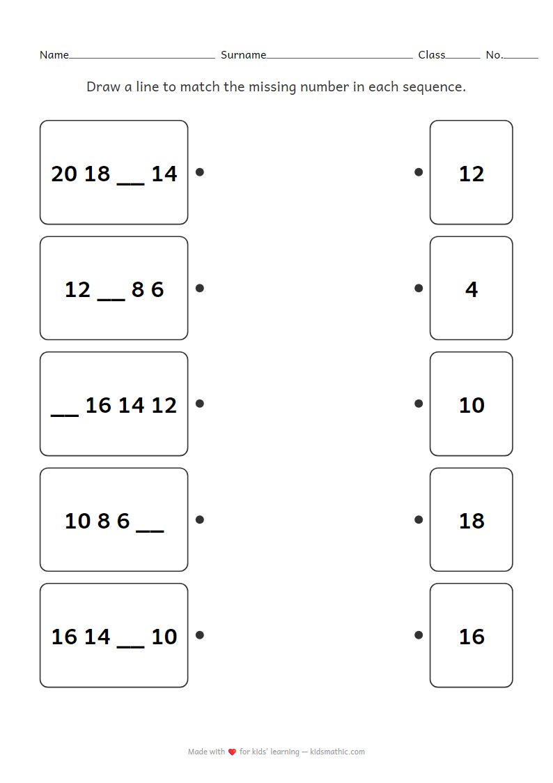 Counting Down by 2s Missing Number Matching Worksheet for Kindergarten