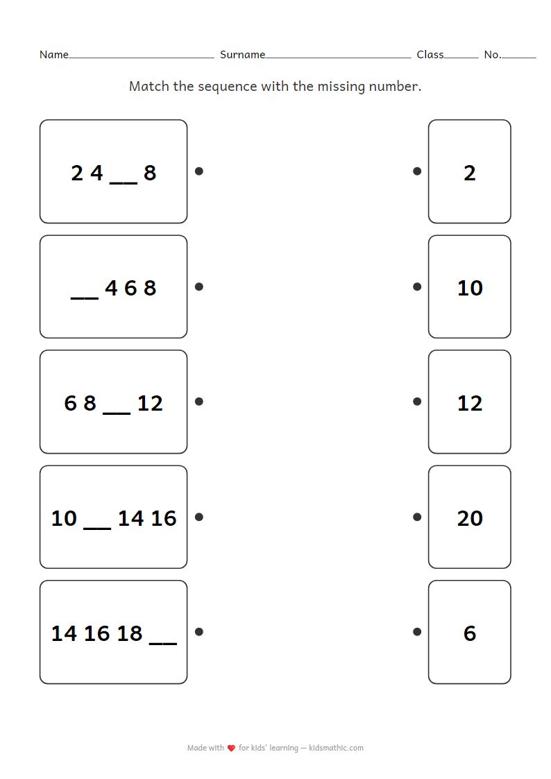 Kindergarten Counting by 2s Missing Number Pattern Worksheet