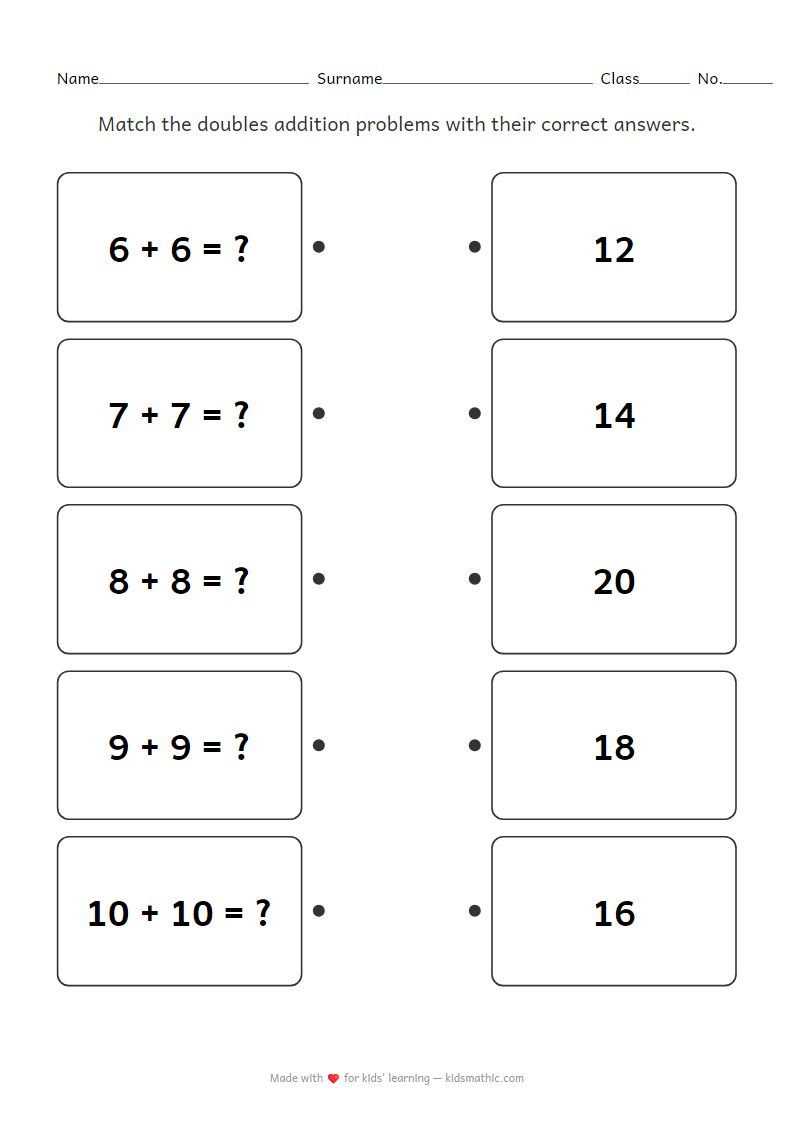 Doubles Addition Matching Worksheet for Kindergarten