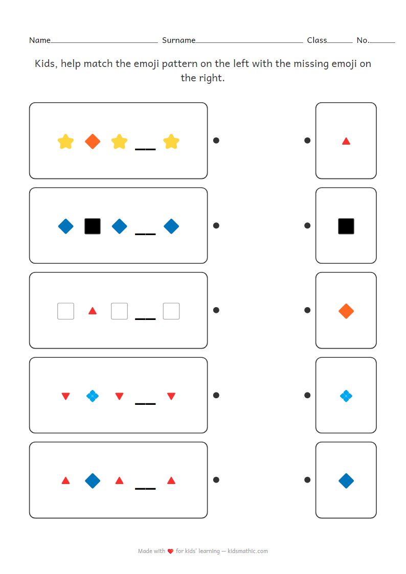 Emoji AB Pattern Matching Worksheet for Kindergarten