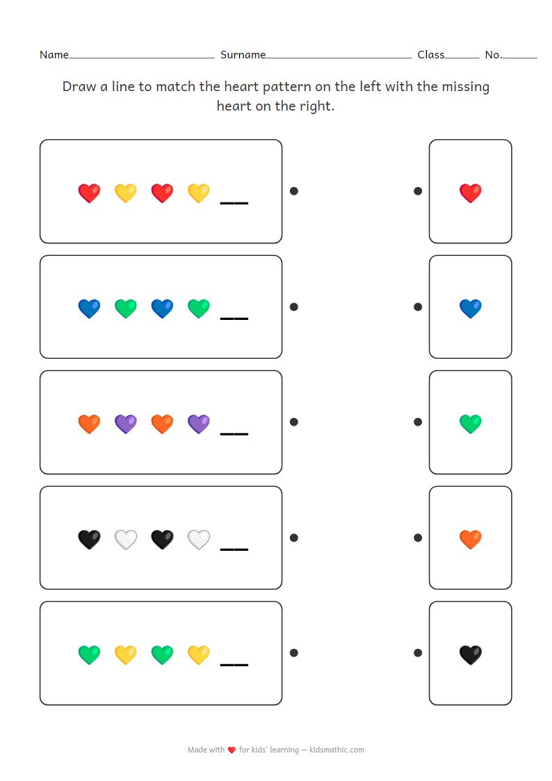 Emoji Heart Pattern Matching Worksheet for Preschoolers