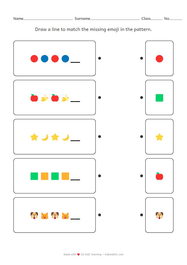 Basic Emoji Pattern Matching Worksheet for Kindergarten