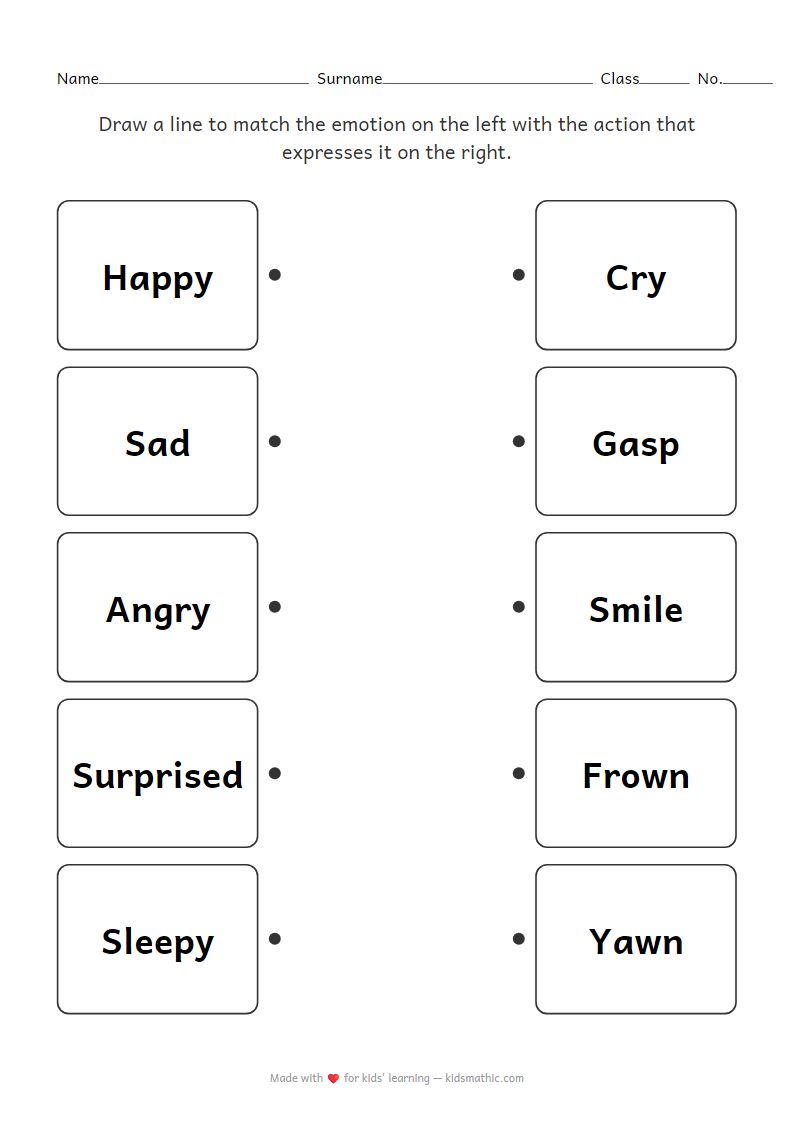 Emotions and Actions Matching Worksheet for Preschoolers