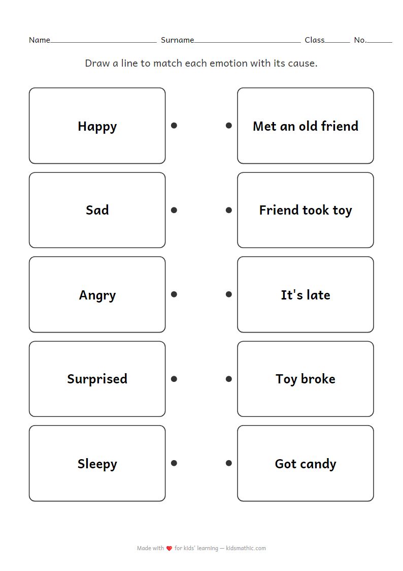 Matching Emotions to Causes Worksheet for Preschoolers